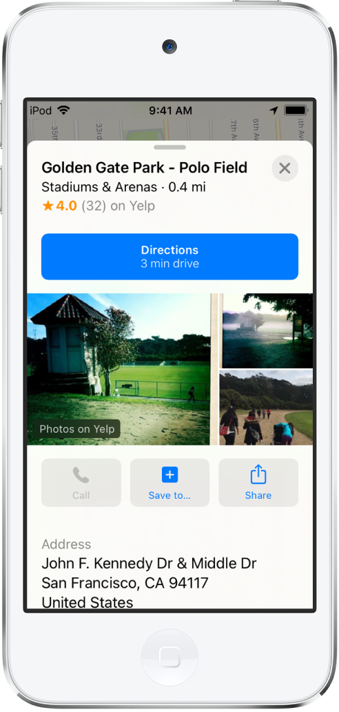 Thẻ thông tin cho một công viên. Một nút cho Chỉ đường xuất hiện gần đầu thẻ. Ảnh của công viên xuất hiện bên dưới nút Chỉ đường. Bên dưới ảnh, từ trái sang phải, là các nút Gọi, Lưu vào và Chia sẻ. Thông tin bổ sung xuất hiện bên dưới các nút, bao gồm địa chỉ đường phố.