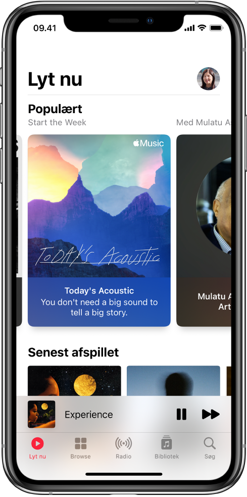Skærmen Lyt nu med profilknappen øverst til højre. Derunder vises Top Picks-playlister. Under Populært findes området Senest afspillet med to album.