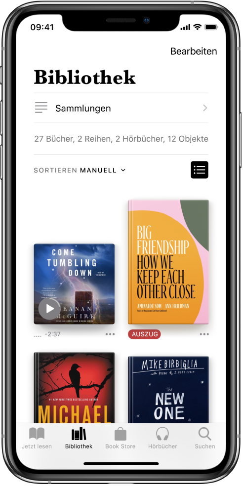 Der Bildschirm „Bibliothek“ in der App „Bücher“. Oben auf dem Bildschirm befinden sich die Taste „Sammlungen“ und die Sortieroptionen. Die Sortieroption „Zuletzt“ ist ausgewählt. In der Mitte des Bildschirms werden die Cover der Bücher in der Bibliothek angezeigt. Unten auf dem Bildschirm sind von links nach rechts die Tabs „Jetzt lesen“, „Bibliothek“, „Book Store“, „Hörbücher“ und „Suchen“ zu sehen.
