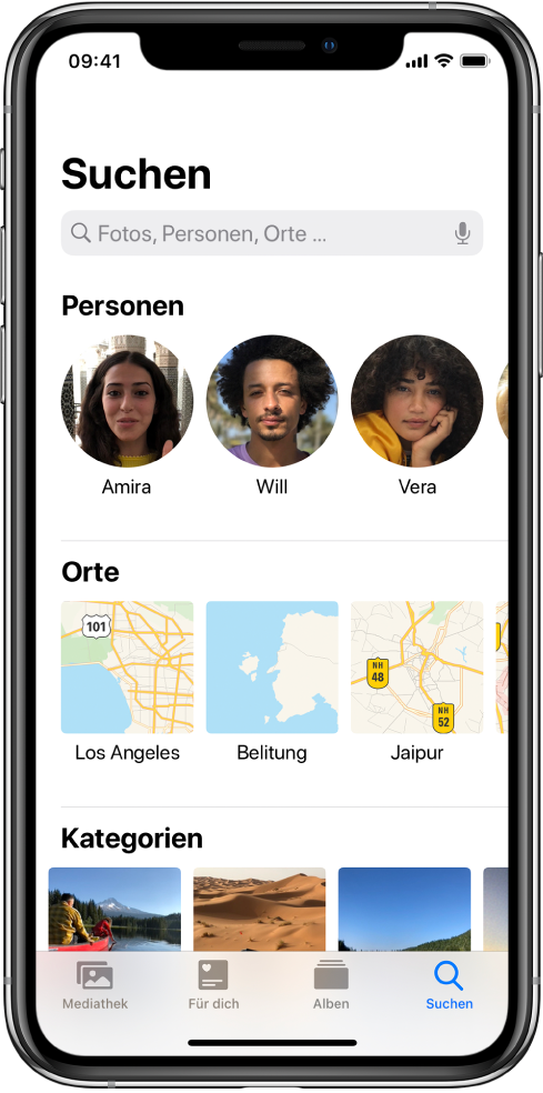 Ein mit Vorschlägen für „Momente“, „Personen“ und „Orte“ ausgefüllter Tab „Suchen“. Das Suchfeld befindet sich ganz oben.