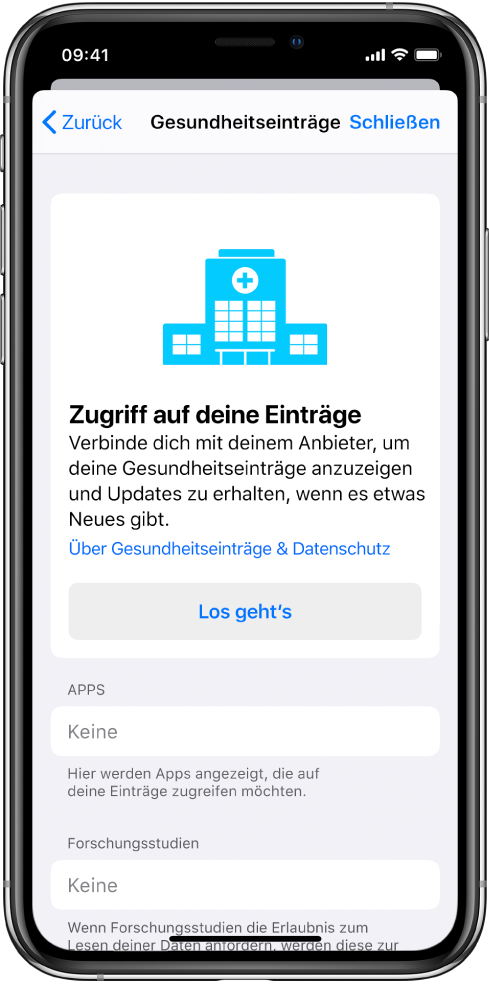 Der Bildschirm „Los gehts“, in dem du das Laden der Gesundheitsakte einrichten kannst.