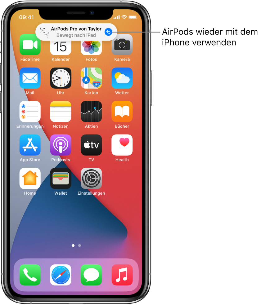 Der Sperrbildschirm mit der Nachricht „AirPods Pro von Taylor gewechselt zu iPad“ und einer Taste zum erneuten Verbinden der AirPods mit dem iPhone.