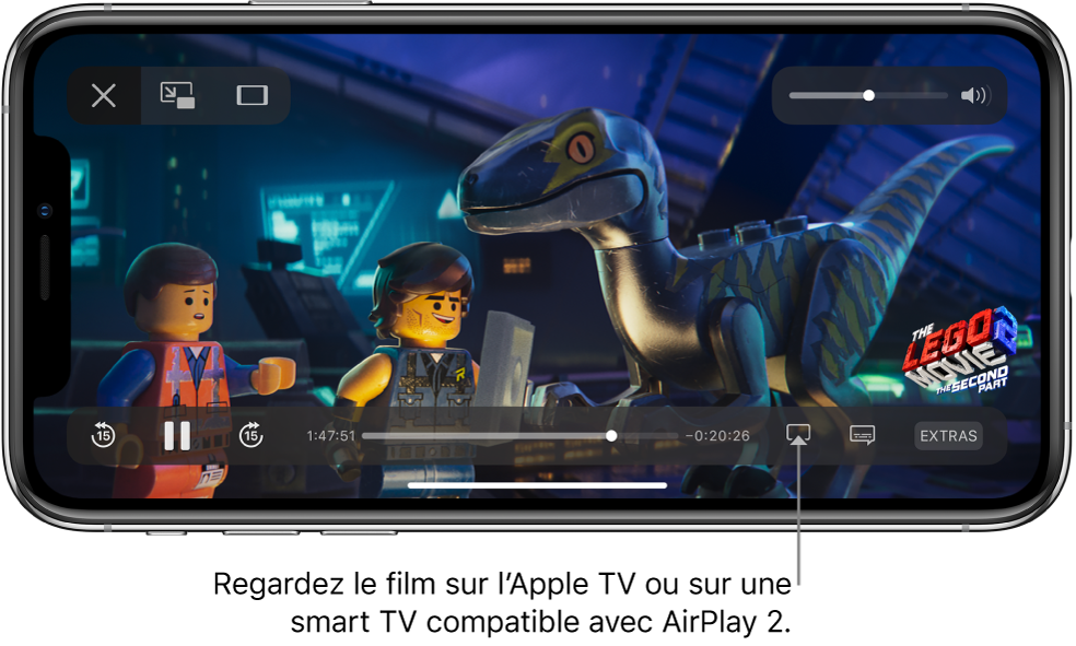 Un film en cours de lecture sur l’écran de l’iPhone. En bas de l’écran se trouvent les commandes de lecture, notamment le bouton « Recopie de l’écran » en bas à droite.