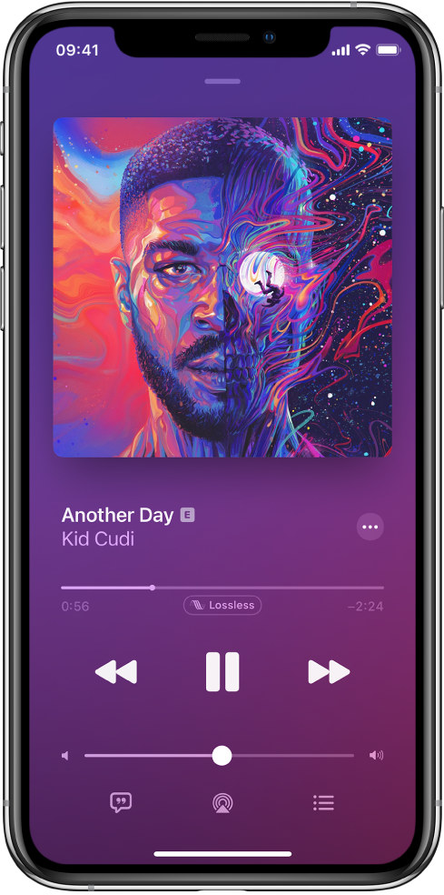 L’écran « À l’écoute » présentant le badge Lossless sous la tête de lecture.