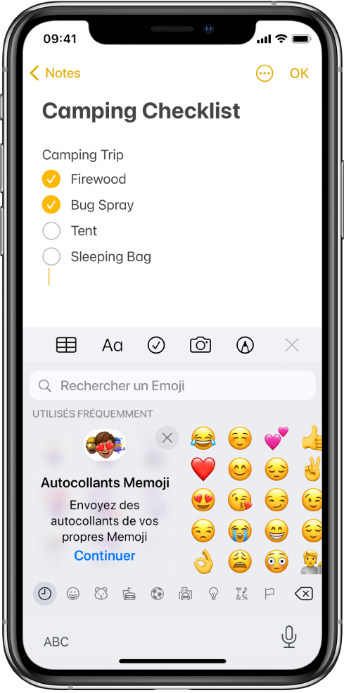 Note en cours de modification dans l’app Notes, avec le clavier Emoji ouvert et le champ « Rechercher un Emoji » en haut du clavier.