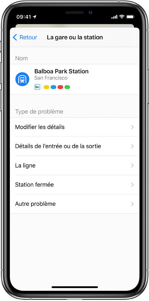 Un écran indiquant un signalement des informations incorrectes pour une station de transports. Les types de problèmes disponibles pour le signalement sont « Modifier les détails », « Détails de l’entrée ou de la sortie », « La ligne », « Station fermée » et « Autre problème ».