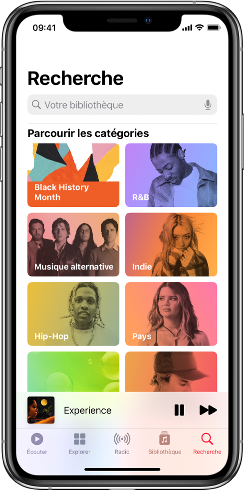 L’écran Rechercher, avec le champ de recherche en haut. La section « Parcourir les catégories » en dessous affiche huit catégories.