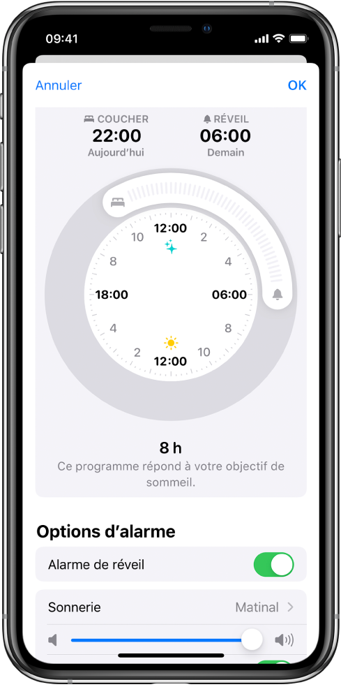 Un écran montrant Sommeil défini à 22 h aujourd’hui et Réveil à 6 h demain. L’alarme de réveil est activée et le son d’alarme est Matinal.
