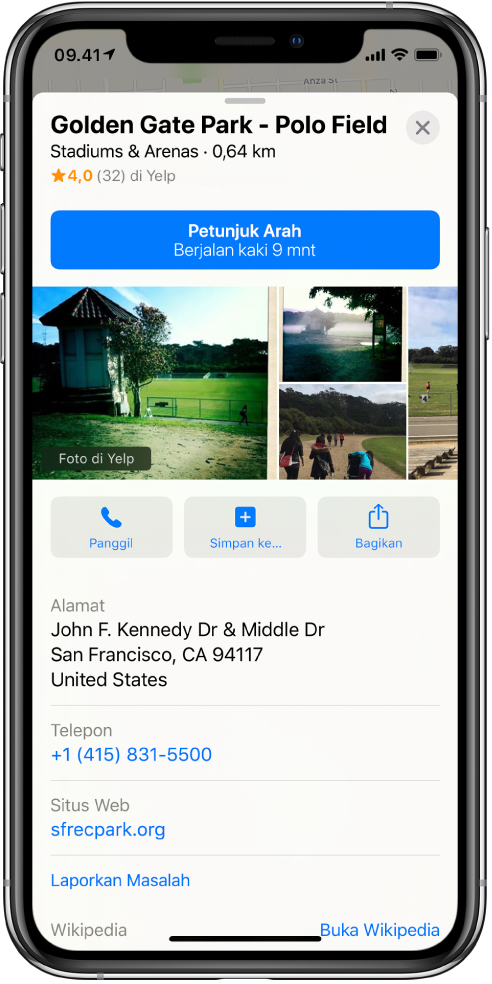 Kartu informasi untuk taman. Tombol untuk Petunjuk Arah di dekat bagian atas kartu. Foto taman muncul di bawah tombol Petunjuk Arah. Di bawah foto, dari kiri ke kanan, terdapat tombol Panggil, Simpan ke, dan Bagikan. Informasi tambahan muncul di bawah tombol, termasuk alamat jalan, nomor telepon, dan tautan situs web.