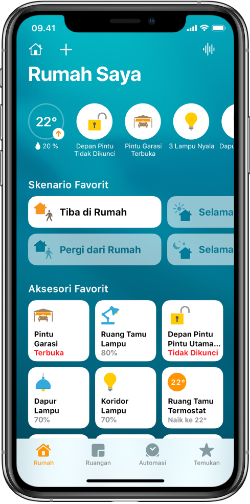 Tab Rumah, menampilkan skenario dan aksesori yang telah ditandai sebagai favorit. Tombol status aksesori juga ditampilkan. Tab lain yang ada di bagian bawah adalah Ruangan dan Automasi.