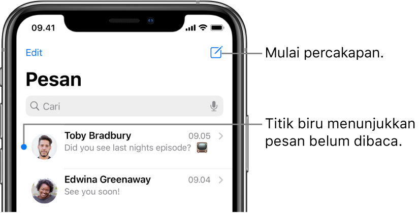 Daftar Pesan dengan tombol Edit ada di kiri atas dan tombol Tulis ada di kanan atas. Titik biru di sebelah kiri pesan menunjukkan pesan belum dibaca.