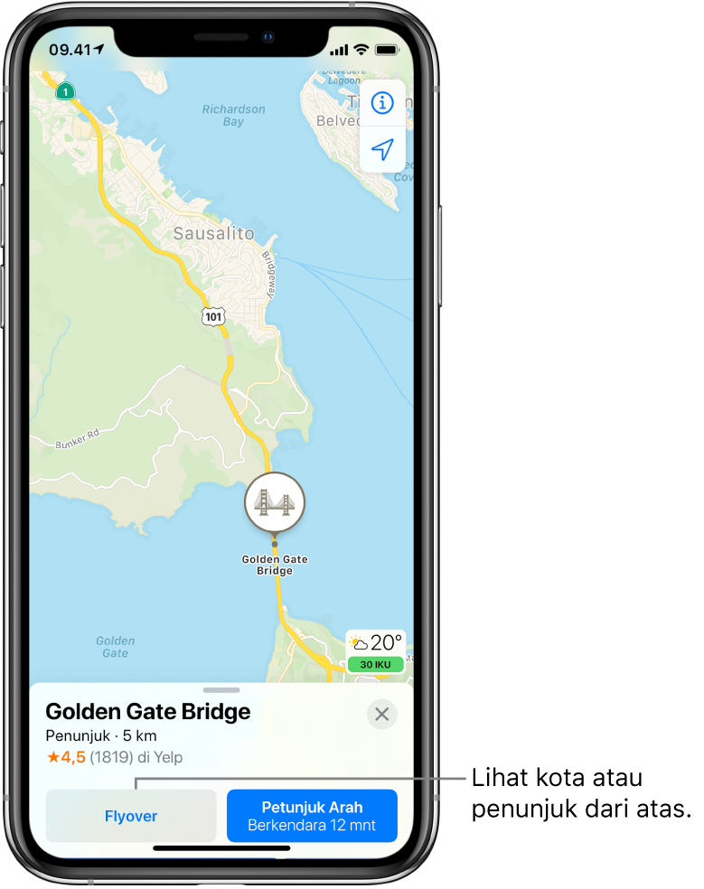 Peta San Francisco. Di bagian bawah layar, kartu informasi untuk Golden Gate Bridge menampilkan tombol Flyover di sebelah kiri tombol Petunjuk Arah.