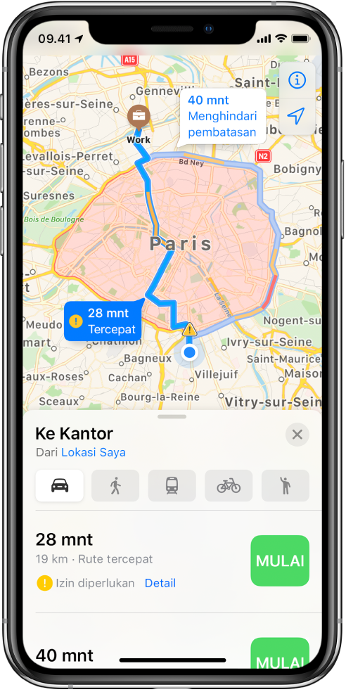Peta jalan dengan Paris di tengah menampilkan rute cepat langsung di seberang kota dan rute yang lebih lambat di sekitar kota yang menghindari pembatasan.