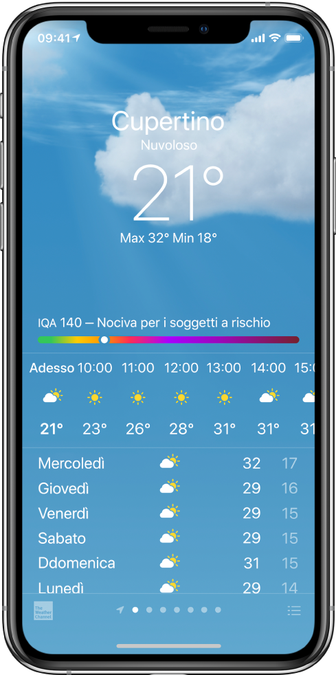 La schermata dell'app Meteo che mostra la posizione, la temperatura attuale, la massima e la minima per il giorno e un indice di qualità dell'aria con il messaggio “Nociva per i soggetti a rischio”. Al centro dello schermo sono visibili le previsioni del giorno ora per ora seguite dalle previsioni per i 7 giorni seguenti. In basso al centro, una fila di punti mostra il numero di luoghi nell'elenco delle località. Nell'angolo in basso a destra è presente il pulsante “Modifica città”.
