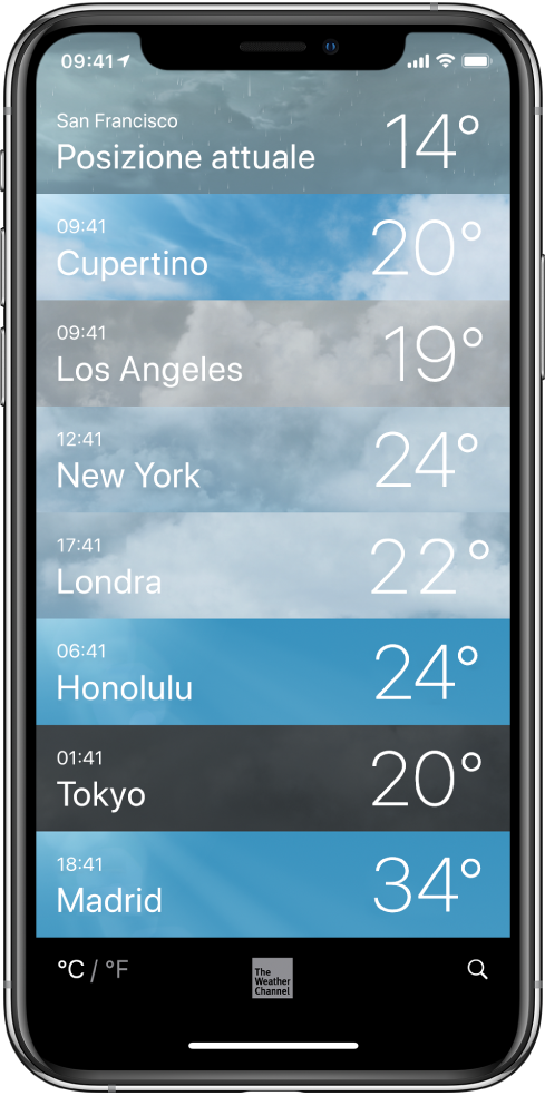 Un elenco di città, che mostra l'ora locale e la temperatura attuale per ciascuna di esse.