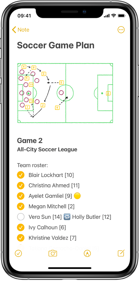 Nota che illustra idee sulla ristrutturazione della cucina e un elenco di cose da fare. Ci sono pulsanti per collaborare con altre persone sulla nota e per condividere la nota. Ci sono pulsanti nella parte inferiore per eliminare la nota, aggiungere un elenco di controllo, una foto, mostrare gli strumenti di scrittura e creare una nuova nota.