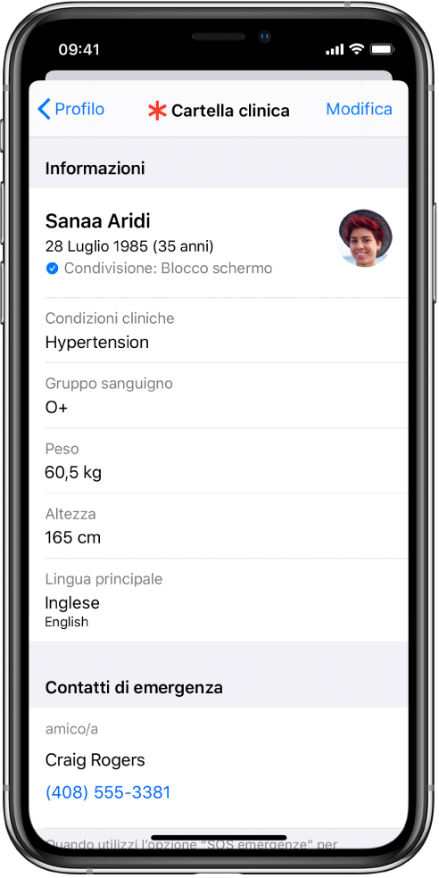 Una schermata di una cartella clinica che contiene informazioni come data di nascita, condizioni di salute e contatto di emergenza.