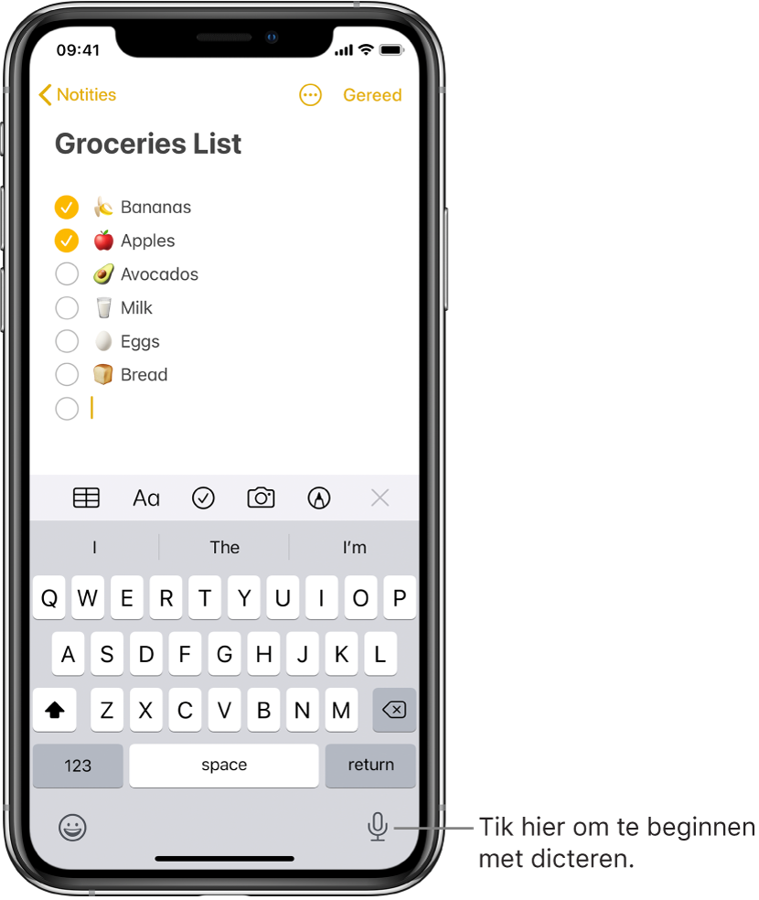 Het schermtoetsenbord met de dicteerknop in de rechterbenedenhoek.