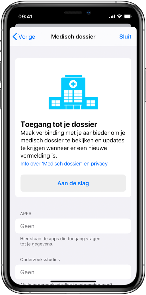 Het scherm 'Aan de slag' voor het instellen van downloads van medische dossiers.