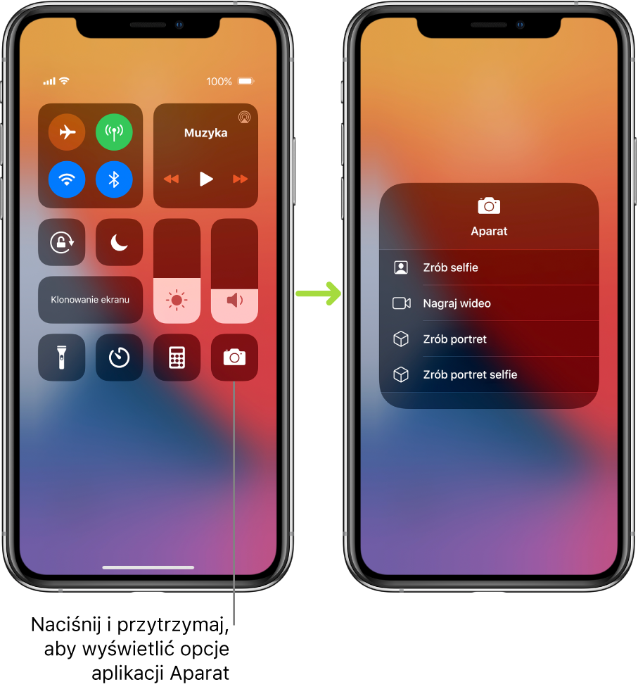 Ilustracja przedstawiająca dwa ekrany centrum sterowania. Ekran po lewej zawiera przyciski trybu Samolot, sieci komórkowej, Wi‑Fi i Bluetooth (w lewym górnym rogu) oraz opis z informacją, że dotknięcie i przytrzymanie przycisku aplikacji Aparat pozwala wyświetlić narzędzia aplikacji Aparat. Ekran po prawej zawiera dodatkowe opcje aplikacji Aparat: Zrób selfie, Nagraj wideo, Zrób portret oraz Zrób portret selfie.