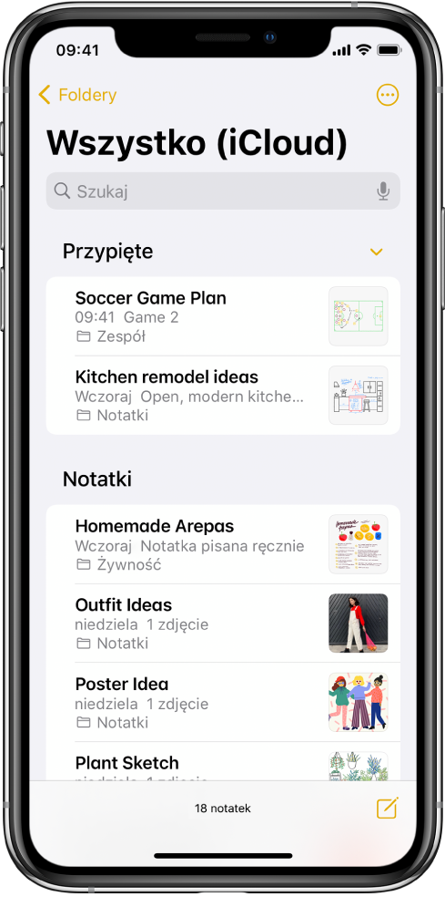 Lista notatek; na jej początku znajduje się pole wyszukiwania.