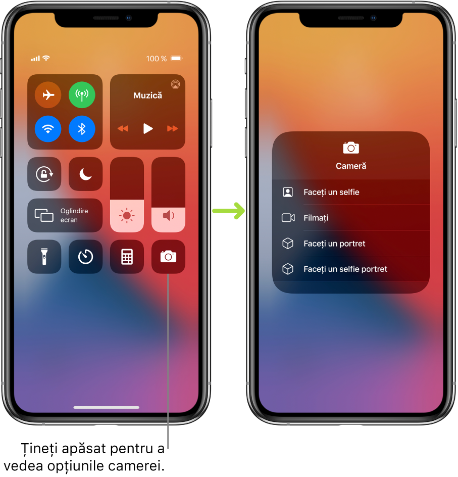 Două ecrane Centru de control unul lângă celălalt: cel din stânga prezintă comenzile pentru modul Avion, date celulare, Wi-Fi și Bluetooth în grupul din stânga sus, având o explicație conform căreia trebuie să țineți apăsat pe Cameră în partea dreaptă jos pentru a vedea opțiunile camerei. Ecranul din dreapta prezintă opțiuni suplimentare pentru Cameră: Faceți un selfie, Înregistrați video, Faceți un portret și Faceți un selfie portret.