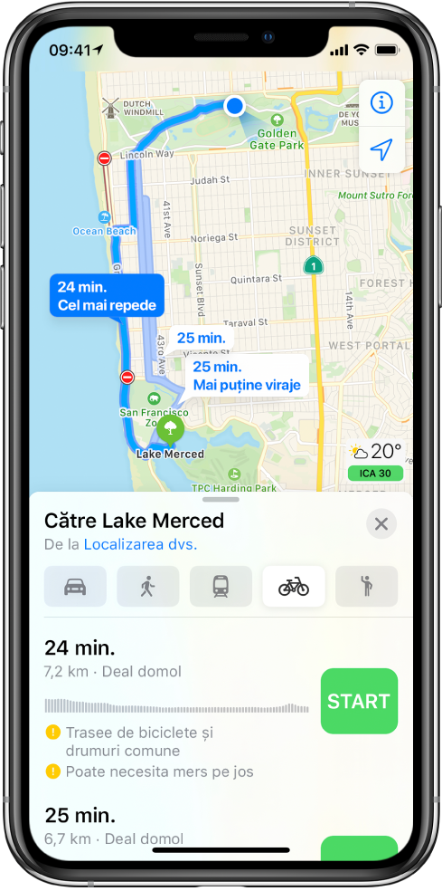 O hartă afișând mai multe rute pentru bicicletă. Informațiile rutei din partea de jos oferă detaliile pentru rute, inclusiv duratele estimative, diferențele de nivel și tipurile de drumuri. Un buton Start apare în dreptul fiecărei variante din informațiile rutei.