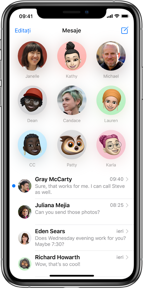 Lista de conversații Mesaje în aplicația Mesaje. În partea de sus a ecranului, nouă imagini ale contactelor sunt afișate în cercuri care indică faptul că sunt fixate. Dedesubt se află lista de conversații.