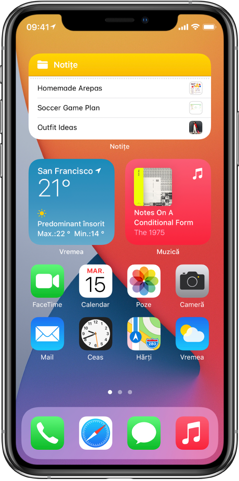 Ecranul principal al iPhone-ului. În jumătatea de sus a ecranului de află widgeturile Notițe, Vremea și Muzică. În jumătatea de jos a ecranului de află aplicațiile.