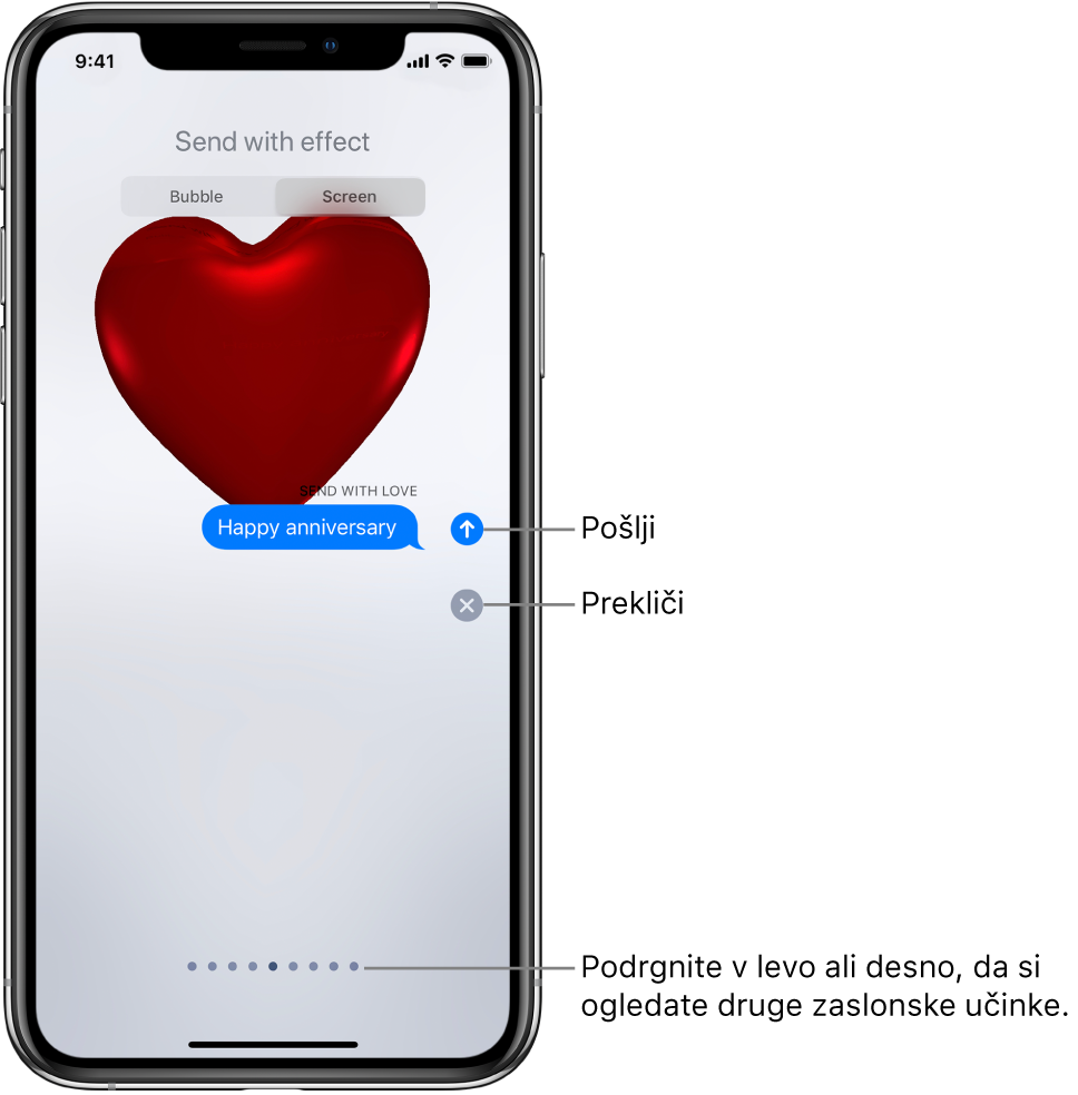 Predogled sporočila, ki prikazuje celozaslonski učinek z rdečim srcem.