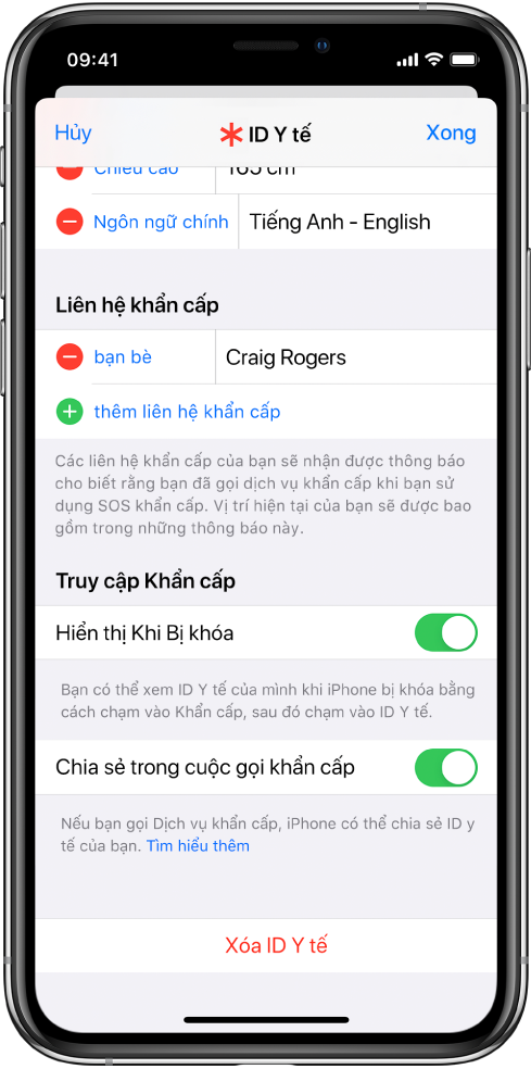 Một màn hình ID y tế. Ở dưới cùng là các tùy chọn để hiển thị thông tin ID y tế của bạn khi màn hình iPhone được khóa và khi bạn thực hiện cuộc gọi khẩn cấp.