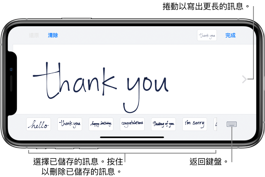 手寫畫面帶有手寫訊息。底部由左至右是已儲存的訊息,以及「顯示鍵盤」按鈕。