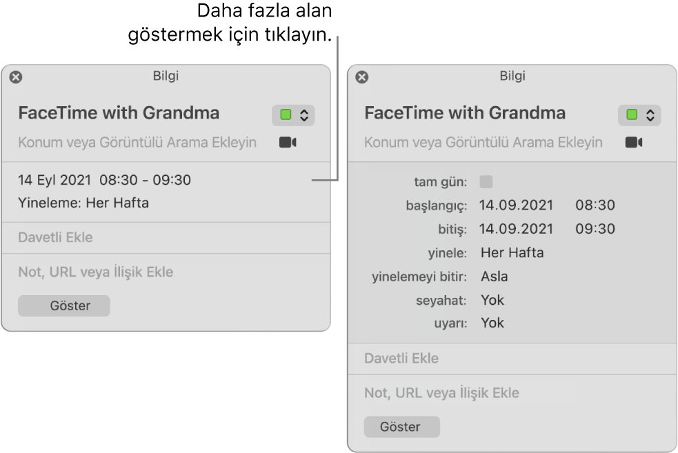 Ayrıntıları gizlenmiş bir etkinliği gösteren bilgi penceresi (solda) ve aynı etkinliğin süre ayrıntılarını gösteren bilgi penceresi (sağda).
