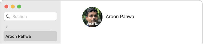 Im Kontakte-Fenster ist ein Kontakt links in der Kontakteliste ausgewählt. Rechts wird das Profilbild des Kontakt angezeigt, auf das du klickst, um es zu ändern.