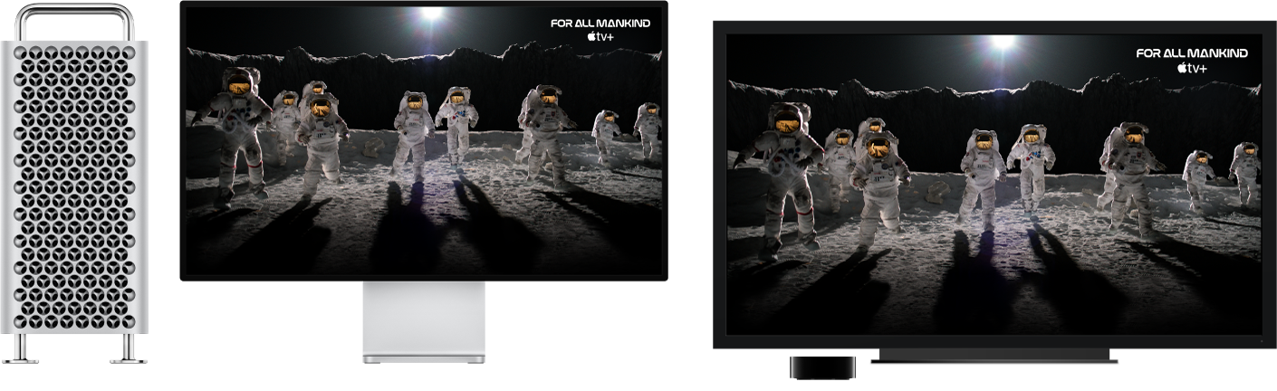 A Mac Pro with its content mirrored on a large HDTV using an Apple TV.