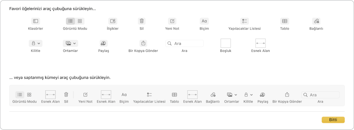 Kullanılabilecek araç çubuğunu özelleştirme seçeneklerini gösteren Notlar penceresi.