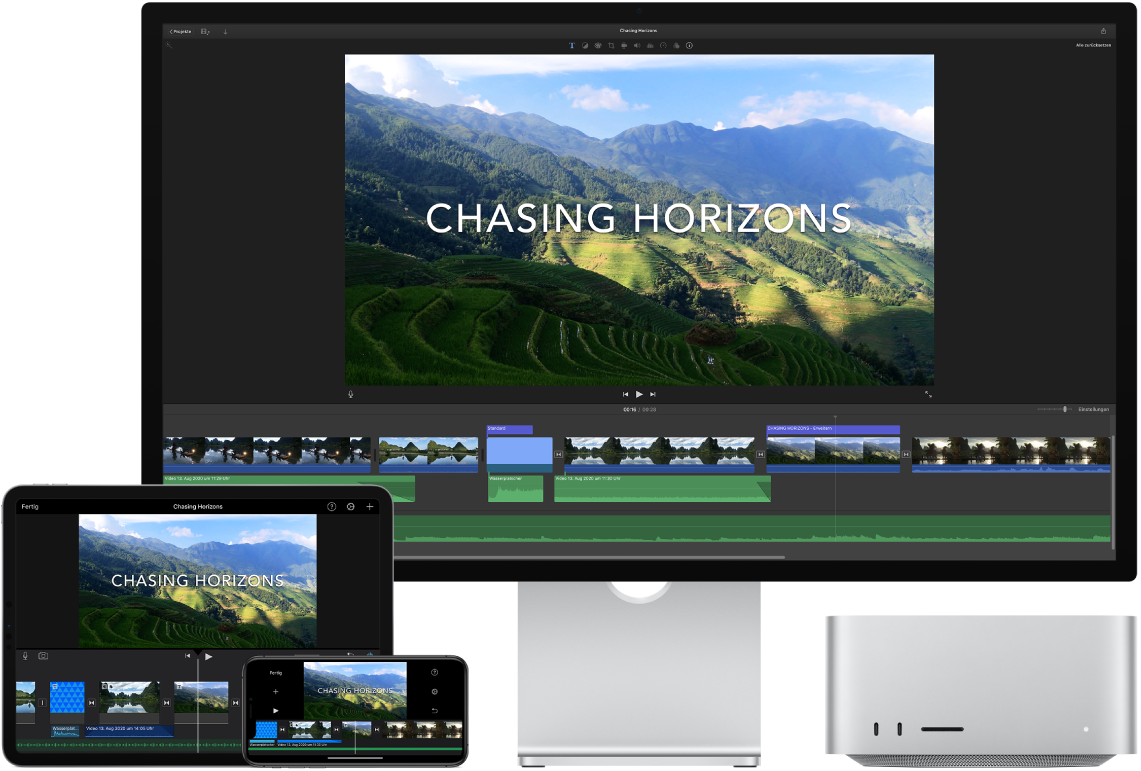 Auf einem Mac Studio, iPad und iPhone wird der identische Inhalt angezeigt
