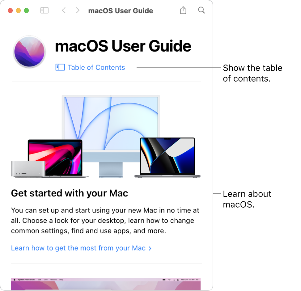 The macOS User Guide welcome page showing the Table of Contents link.