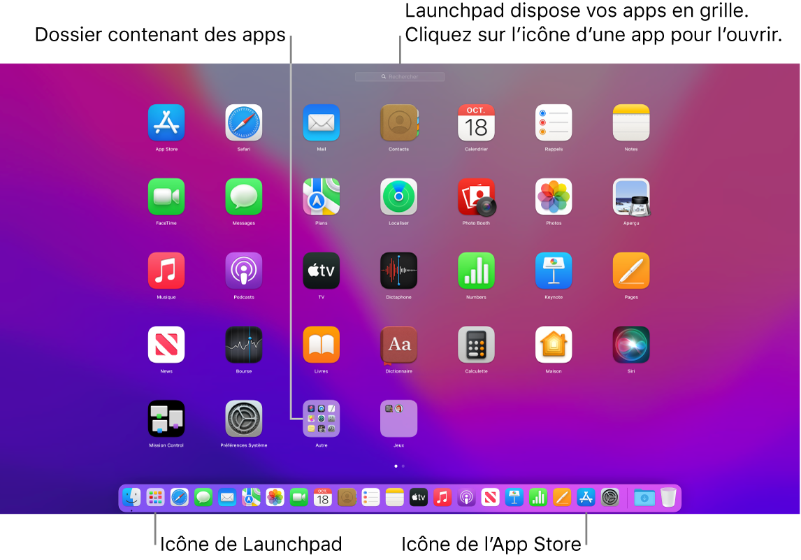 L’écran du Mac avec Launchpad ouvert, affichant un dossier d’apps dans Launchpad, et les icônes Launchpad et App Store dans le Dock.