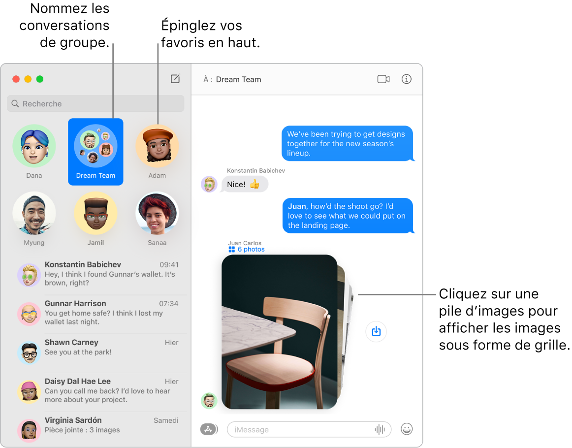 Une fenêtre Messages avec une conversation de groupe et des conversations individuelles épinglées en haut de la colonne de gauche. Dans la conversation située à droite se trouve une pile de six photos avec un bouton « Enregistrer la photo » en regard.