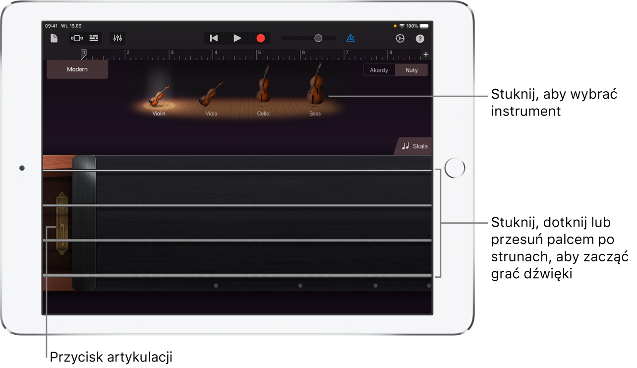 Widok nut w dotykowym instrumencie smyczkowym