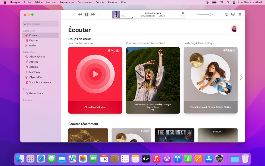 La fenêtre Apple Music montrant Écouter.