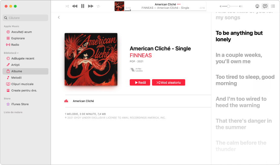 O melodie în redare cu versurile în dreapta, acestea apărând pe ecran sincronizat cu muzica.