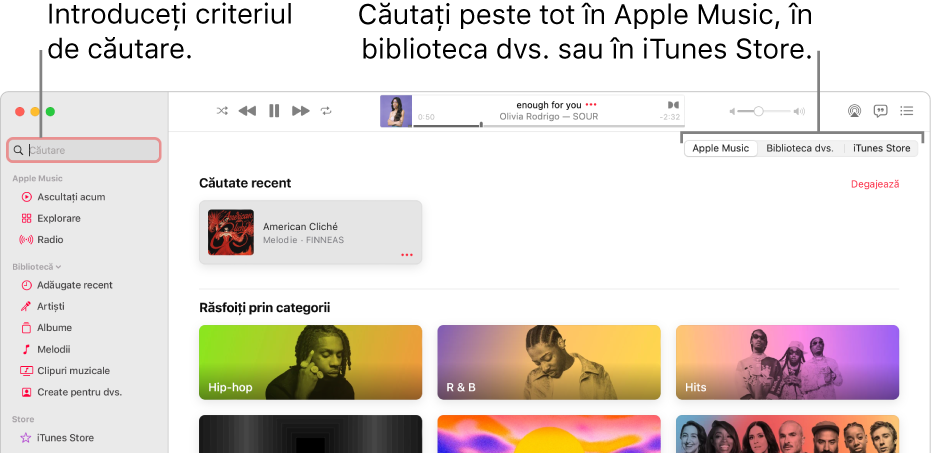 Fereastra Apple Music afișând câmpul de căutare în colțul din stânga sus, lista de categorii în centrul ferestrei și Apple Music, Biblioteca dvs. și iTunes Store disponibile în colțul din dreapta sus. Introduceți criteriul de căutare în câmpul de căutare, apoi alegeți să căutați în întreg serviciul Apple Music, doar în biblioteca dvs. sau în iTunes Store.
