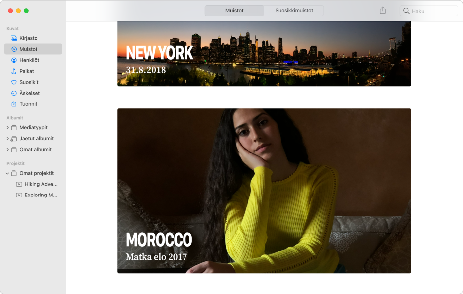 Kuvat-ikkuna, jossa on Muistot valittuna sivupalkissa ja ikkunassa näkyy kaksi muistoa.