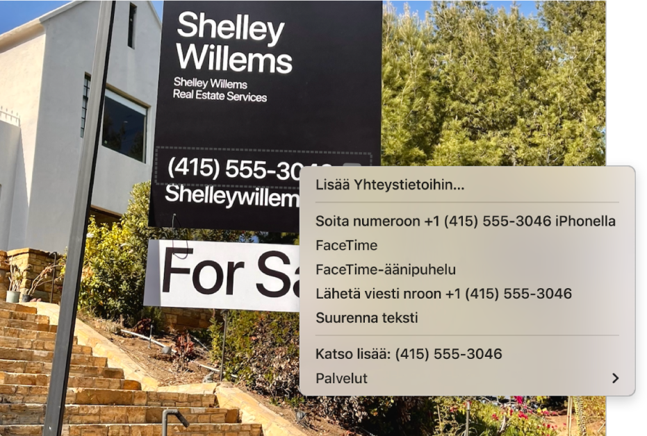 Kuva kiinteistön myynti-ilmoituksesta, jossa näkyy välittäjän puhelinnumero valittuna live-tekstinä ja valikko, jossa olevilla valinnoilla voidaan muun muassa lisätä puhelinnumero Yhteystietoihin, soittaa numeroon, aloittaa FaceTime-puhelu ja lähettää tekstiviesti.