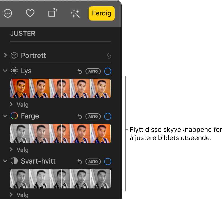 Lys-, Farge- og Svart-hvitt-skyveknappene i Juster-panelet. En Auto-knapp vises over hver skyveknapp.