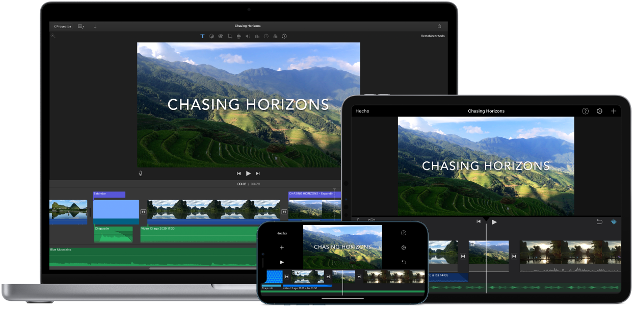Contenido idéntico mostrado en un MacBook Pro, un iPad y un iPhone.