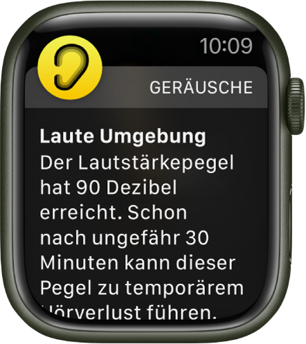 Apple Watch, auf der eine Geräuschpegelwarnung zu sehen ist. Das Symbol für die App, zu der die Mitteilung gehört, wird oben links angezeigt. Du kannst darauf tippen, um sie in der App zu öffnen.
