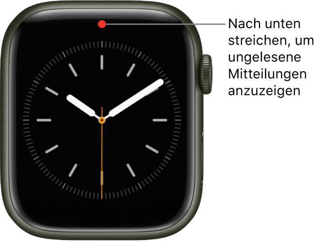 Oben in der Mitte auf deinem Zifferblatt erscheint ein roter Punkt, wenn du eine ungelesene Mitteilung hast.